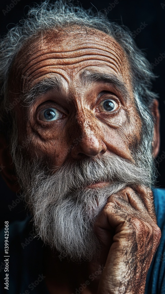 Close up portrait of an elderly man with a surprised expression and white beard. Close up portrait of an elderly man with a surprised expression and white beard.