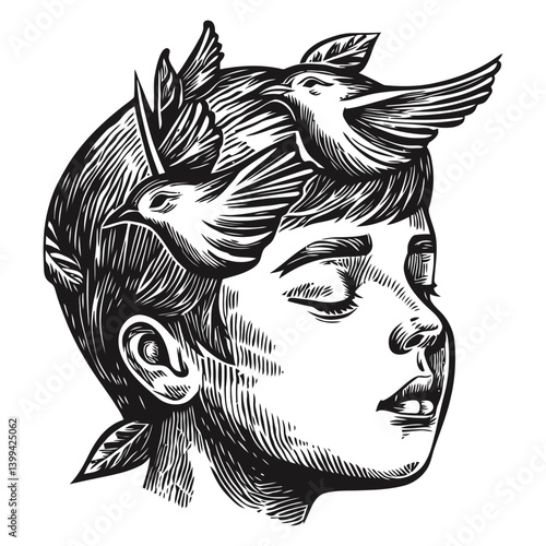Boy with Birds Engraving Style Representation of Freedom and Imagination
