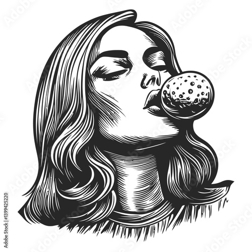 Stylish Woman Chewing Bubble Gum with Vintage Artistic Flair