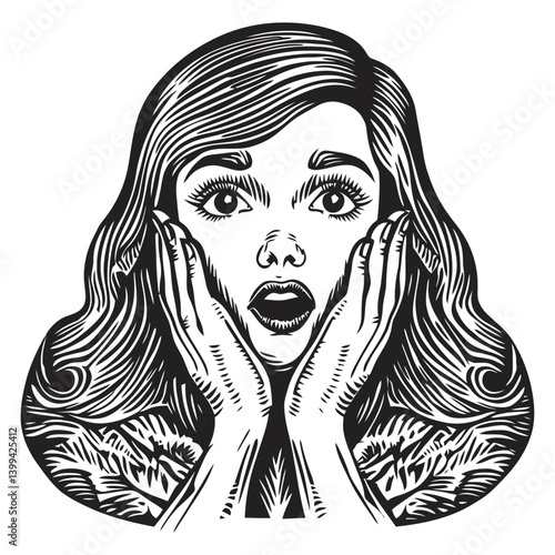 Woman Expressing Surprise with Hands on Face in Vintage Style Artwork