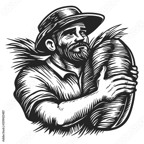 Farmer Embracing Harvested Grain in Vintage Style Illustration