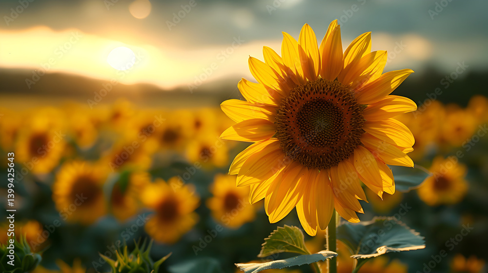 Obraz premium Sunflower, Field, Sunset, Summer Landscape Wallpaper Background for Desktop, Mobile, Website, Prints