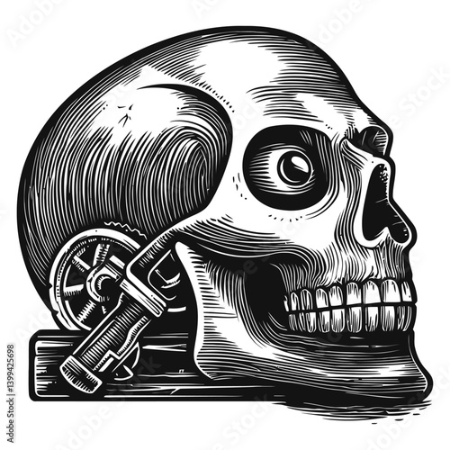 Detailed Skull Illustration with Mechanical Elements in Black and White