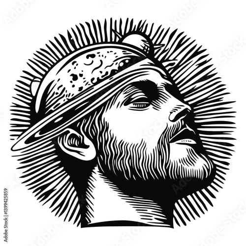 Man with Planetary Headgear and Radiating Lines in Black and White