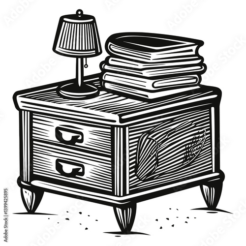 Vintage Side Table with Books and Table Lamp in Black and White Design