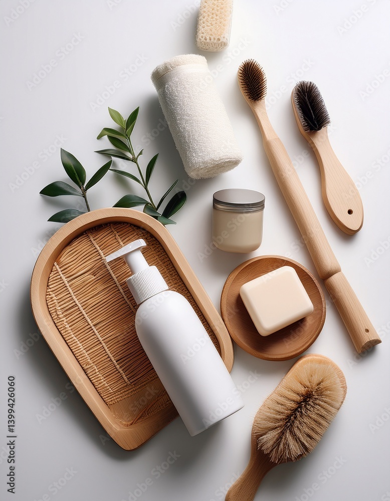 Naklejka premium eco friendly bathing equipment, soap, toothpaste, body lotion, and tools, white background