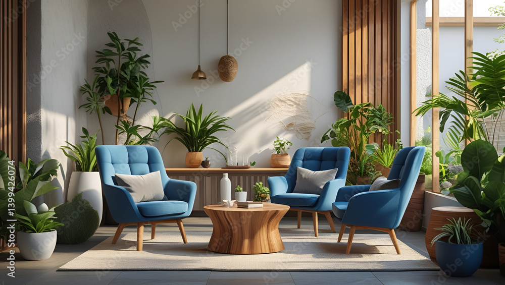 Obraz premium Cozy modern lounge, stylish blue chairs, indoor plants, natural light, minimalist decor, warm wooden accents