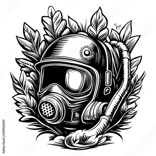Intricate Illustration of a Gas Mask Surrounded by Nature Elements