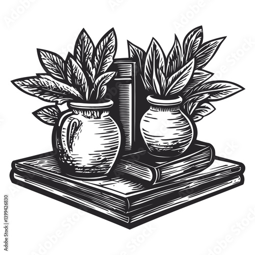 Vintage Illustration of Books and Potted Plants on Tabletop