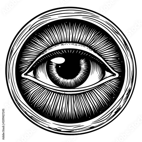 Intricate Black and White Eye Design with Radiating Lines and Circle