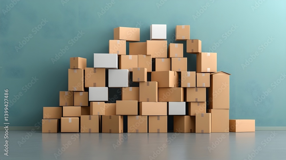 Intricate and precise geometric arrangements of stacked corrugated cardboard boxes in a clean minimalist warehouse setting digital render showcasing the textured surfaces overlapping shapes Intricate and precise geometric arrangements of stacked corrugated cardboard boxes in a clean minimalist warehouse setting digital render showcasing the textured surfaces overlapping shapes