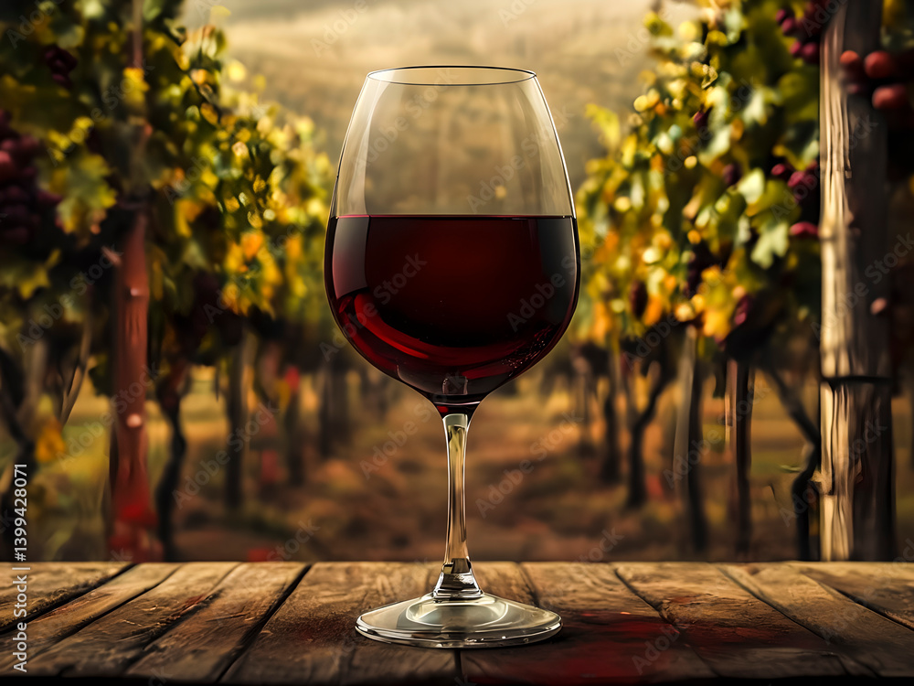 Glass of red wine on a rustic table with a vineyard backdrop. Evokes wine tradition and appreciation. AI generated image