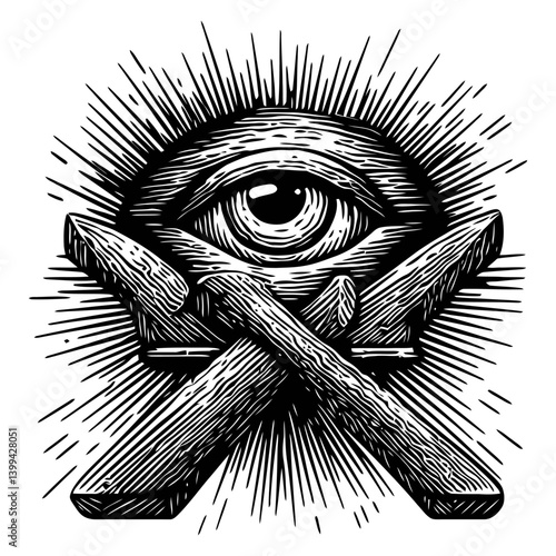 Eye Symbol with Crossed Tools and Radiating Sunburst Design