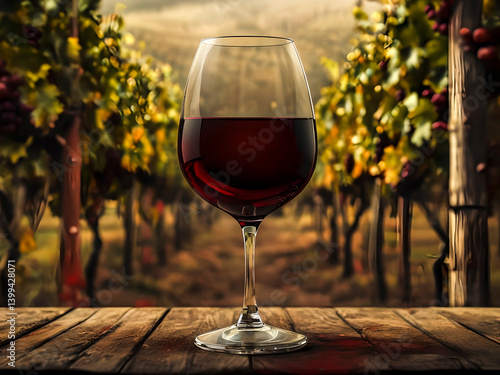 Obraz na płótnie Glass of red wine on a rustic table with a vineyard backdrop. Evokes wine tradition and appreciation. AI generated image w salonie
