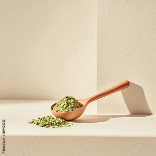 Green powder in a copper-colored spoon