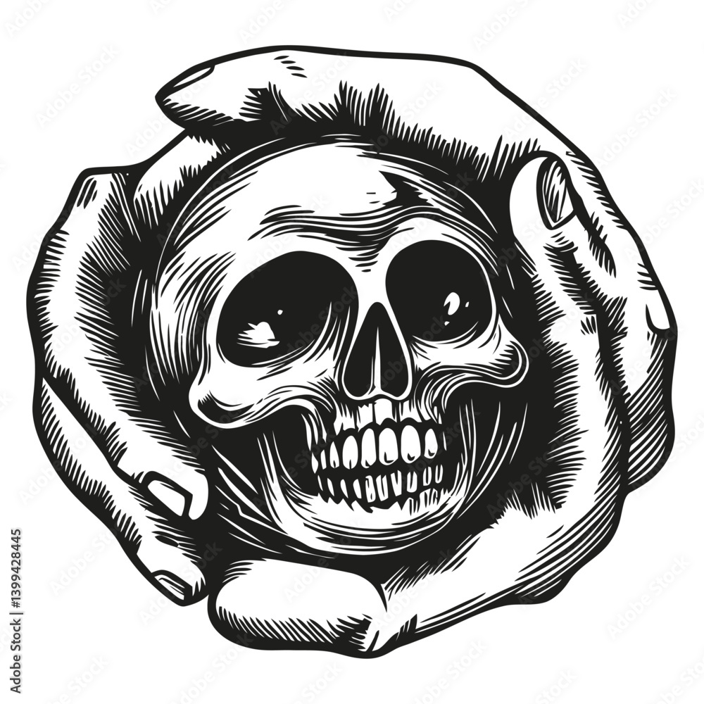 Fototapeta premium Artistic Illustration of Skull Held in Hands with Intricate Details