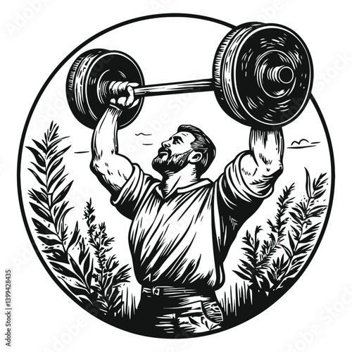 Strong Man Lifting Weights in Bold Graphic Style with Nature Elements