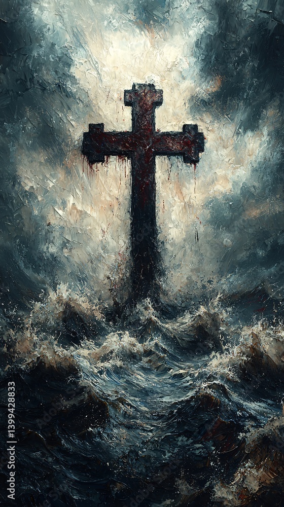 Fototapeta premium Dramatic Cross in Stormy Sea with Dark Clouds and Turbulent Waves