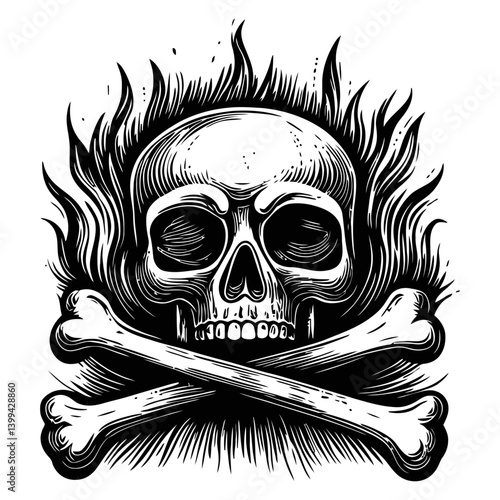 Grunge Skull Illustration with Flames and Crossbones Design