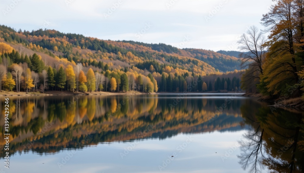 Obraz premium A tranquil lake reflects the surrounding forest. The water is still and serene, capturing the subtle colors of the sky and trees in its mirror like surface