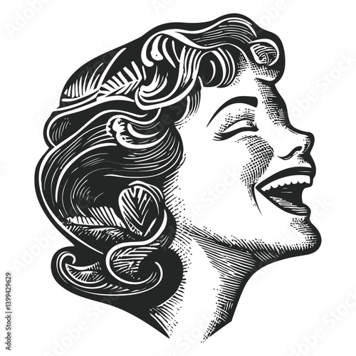 Vintage Engraving of Smiling Woman with Curly Hair and Joyful Expression