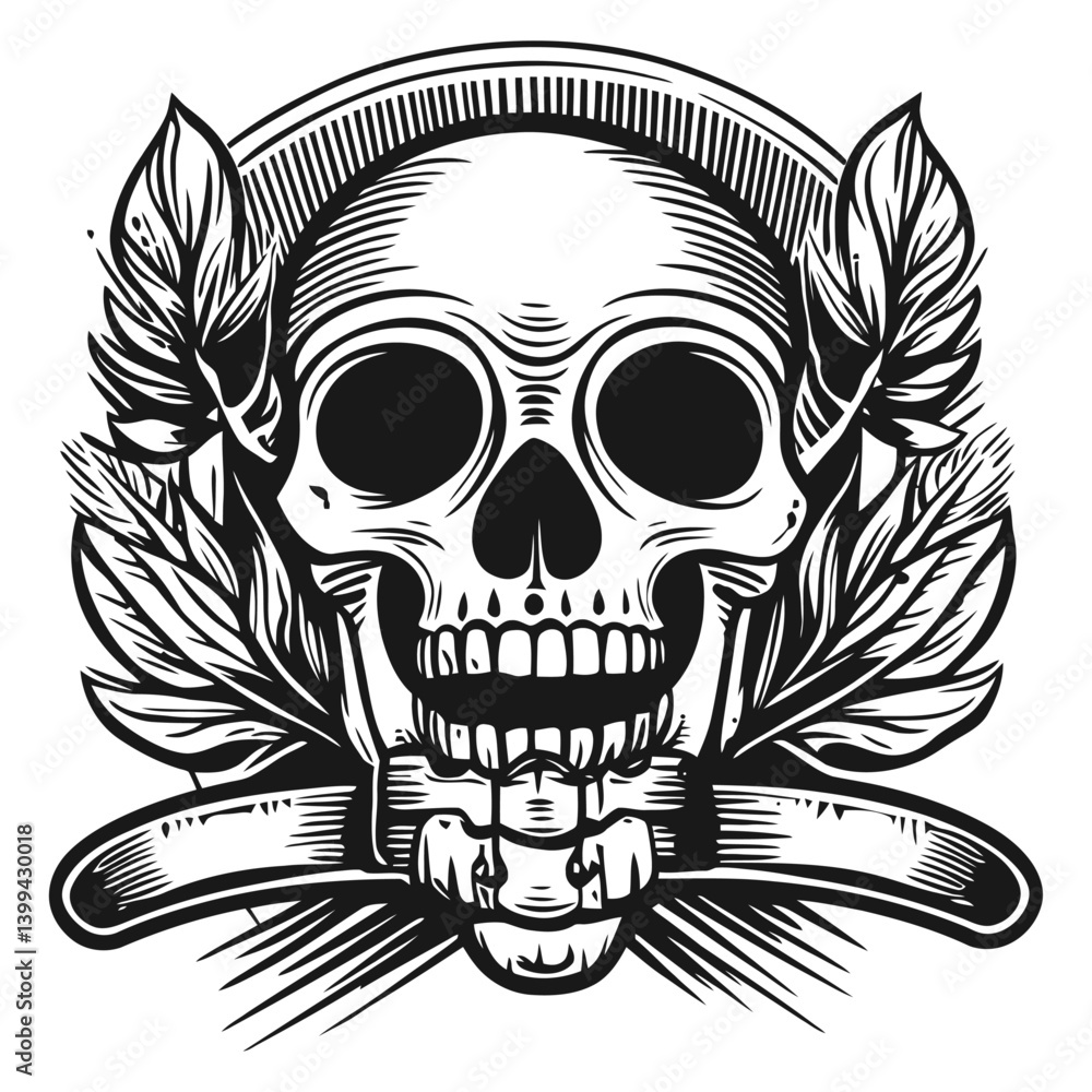 Fototapeta premium Skull Illustration with Leaves and Crossed Tools in Vintage Style