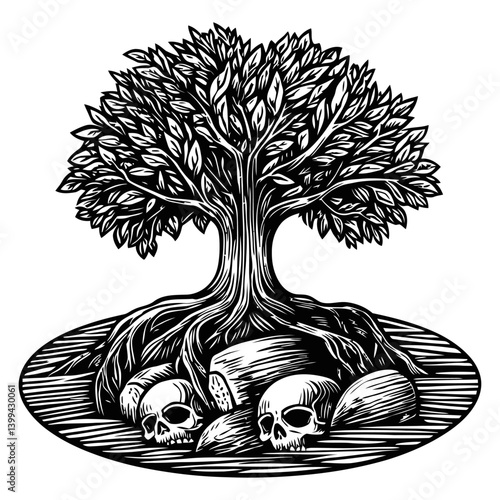 Intricate Woodcut Illustration of Tree with Skull Elements