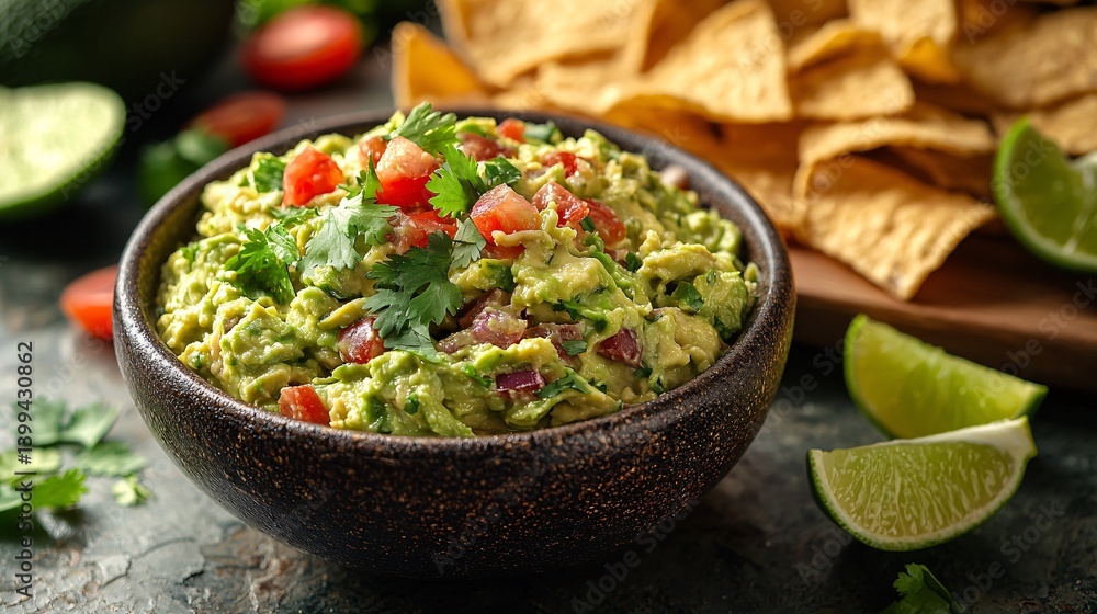 Fresh Guacamole with Tortilla Chips and Lime Wedges on Table Fresh Guacamole with Tortilla Chips and Lime Wedges on Table