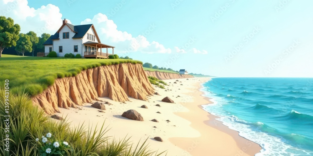 Fototapeta premium Coastal House on a Sandy Beach with Eroding Cliffs and Ocean Waves