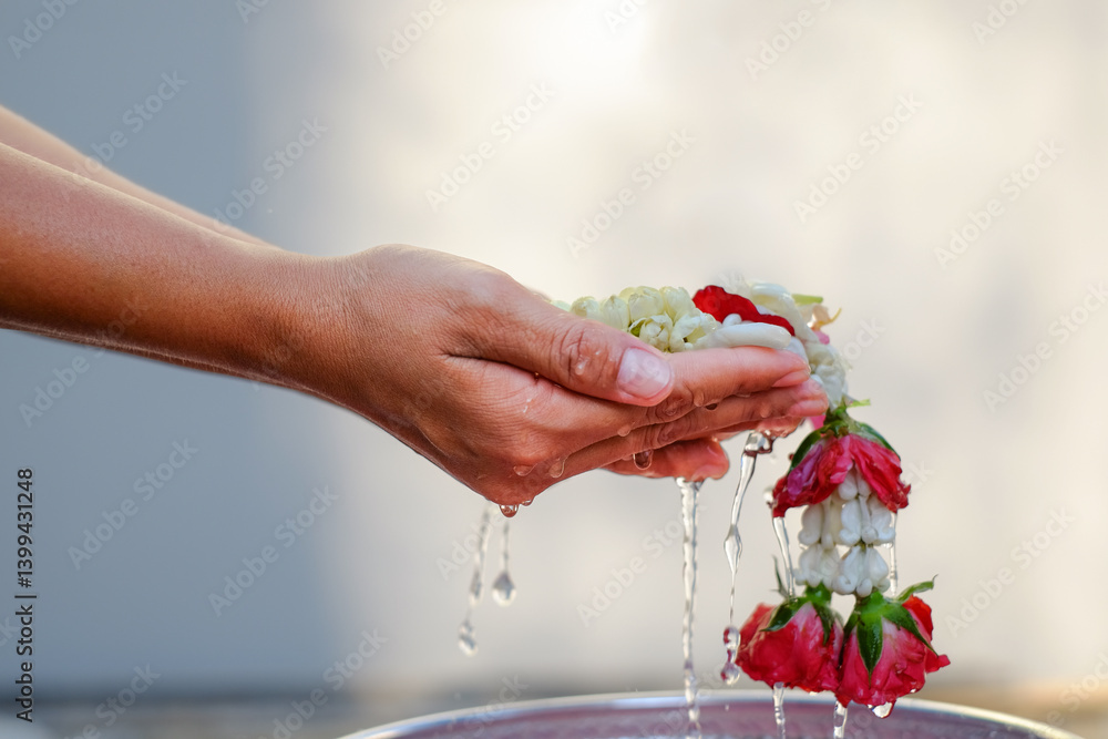 Hand of young woman pour water and flowers on the hands. older women and happy for the songkran festival. concept gives blessing in Songkran day Thailand