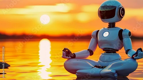 White android robot in calm meditative lotus pose mastering spirituality at sunset on the seashore