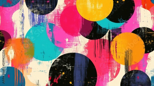 Colorful circle polka dot seamless pattern with collage art texture. Modern contemporary art background, round geometric shape hand drawn print, maximalist graffiti paint wallpaper.