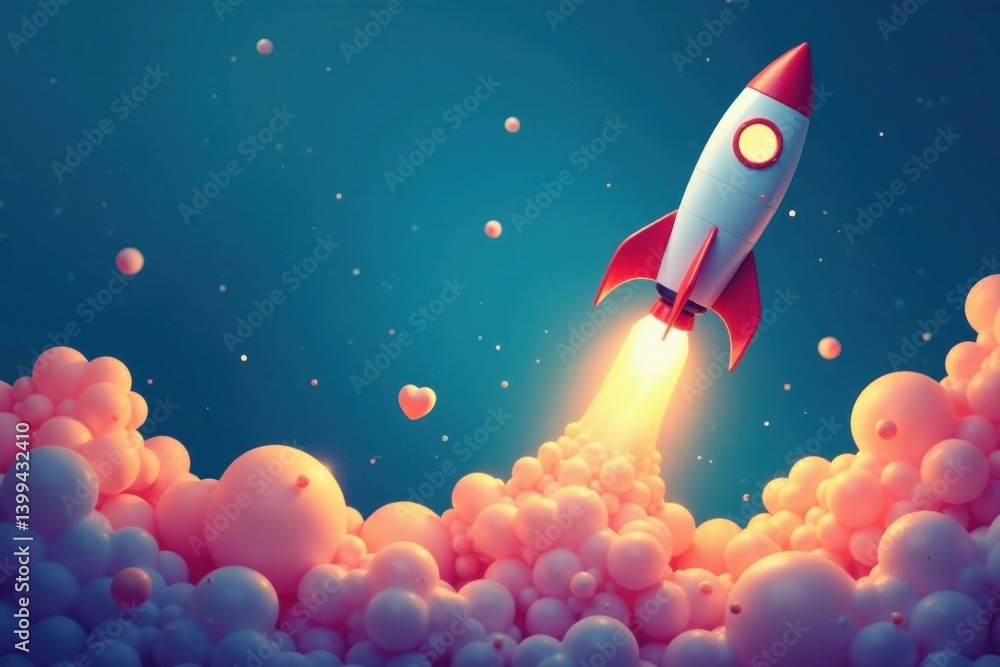 Fototapeta premium Business rocket blasting off with chart on blue background, rocket, business finance, finance
