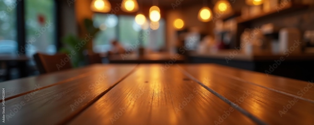 Close-up of blurred light gold bokeh on an empty wooden table top in a dimly lit cafe, blur, bokeh, restaurant Close-up of blurred light gold bokeh on an empty wooden table top in a dimly lit cafe, blur, bokeh, restaurant