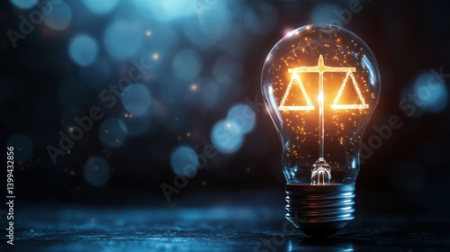 Concept of Justice and Innovation: A glowing scales of justice inside a lightbulb on a dark background