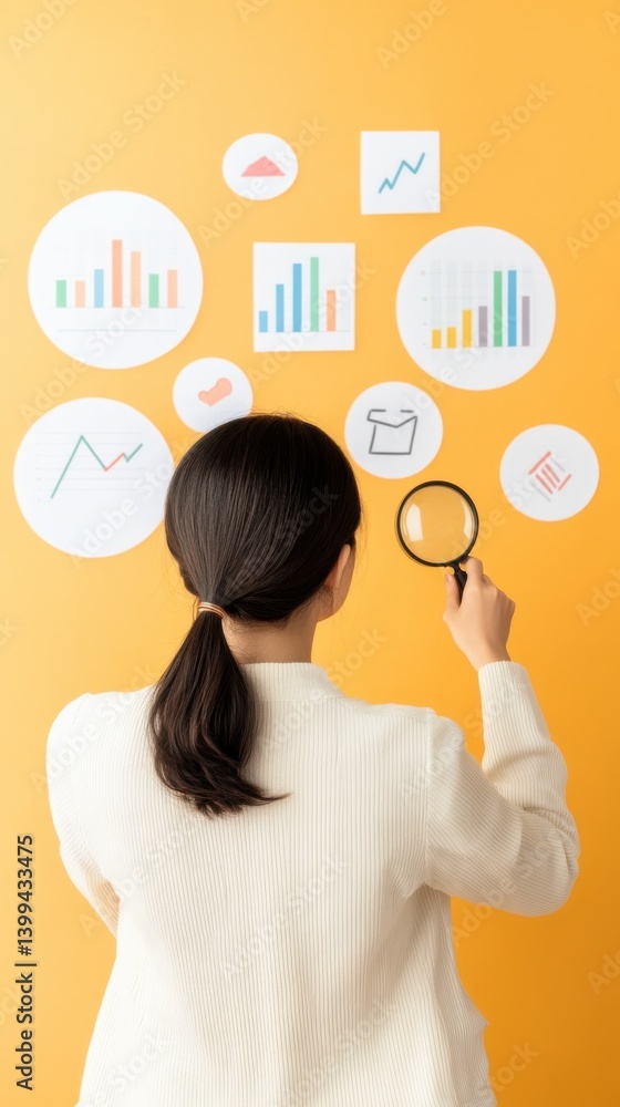 Woman Examining Charts with Magnifying Glass Yellow Background Woman Examining Charts with Magnifying Glass Yellow Background