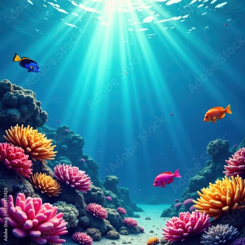 Fototapeta Naklejka Na Ścianę i Meble -  Colorful fish swimming near coral reef with waves, blue, marine life