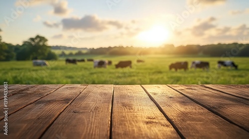 Empty Wooden Table with Farm Cows in Pasture at Sunset Background
