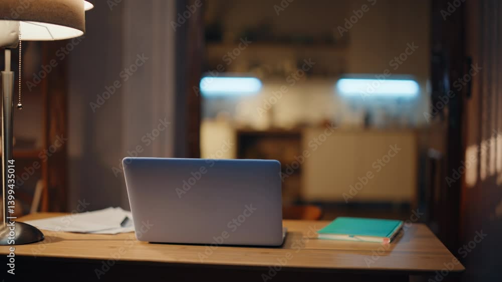 Laptop standing desk empty apartment room at lamp light closeup. Open computer Laptop standing desk empty apartment room at lamp light closeup. Open computer