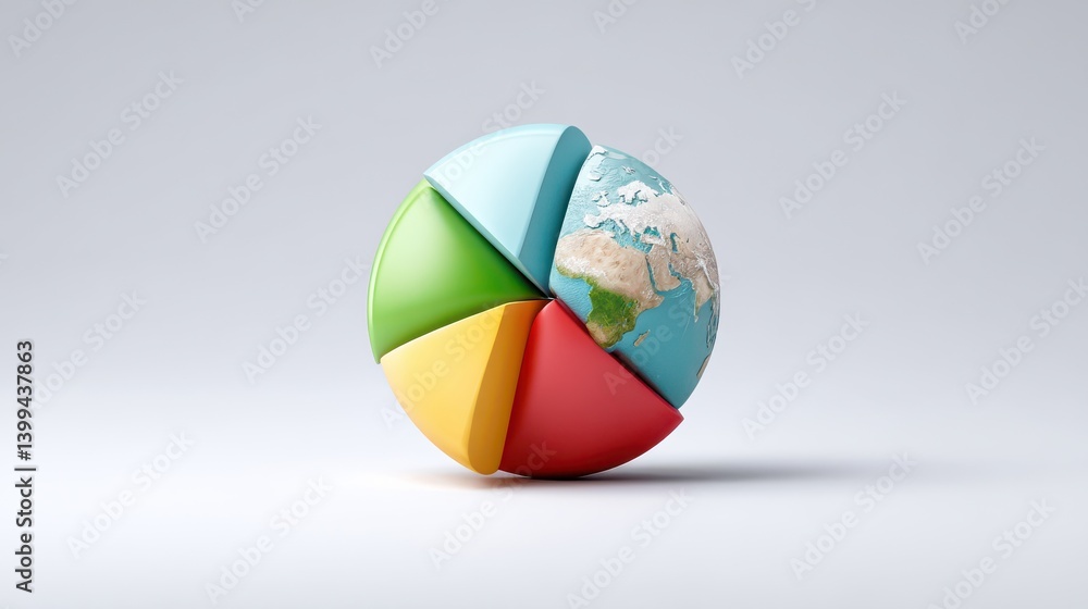 A colorful vibrant 3D pie chart rotating around a detailed model of the Earth representing global data statistics and analysis in a dynamic visually engaging way A colorful vibrant 3D pie chart rotating around a detailed model of the Earth representing global data statistics and analysis in a dynamic visually engaging way