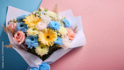 Bouquet of Pink, Blue and Yellow Flowers on a Pink & Blue Background, Empty Space for Writing, Copy Space, Blank Space, Colorful Flowers , White Roses, Background, Greeting Card, Love, Romance, Gift