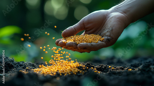 Hand scattering mustard seeds on fertile soil.