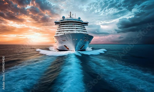 A large cruise ship sailing on a vast ocean under a dramatic, colorful sky at sunset, leaving a foamy wake behind