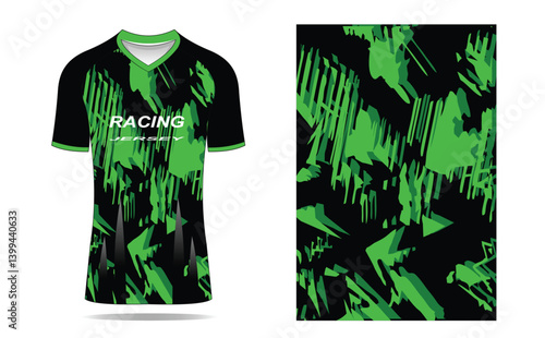Stylish black and green racing jersey design with abstract patterns showcasing modern sportswear aesthetics