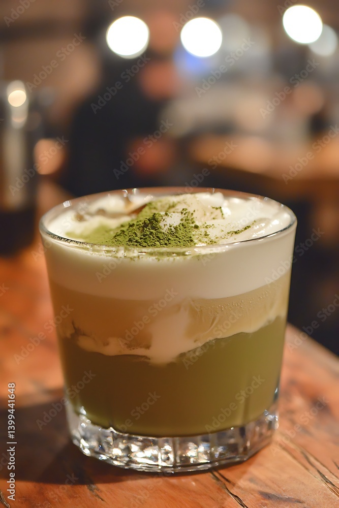Glass refreshing iced matcha latte served with a sprinkle matcha powder Glass refreshing iced matcha latte served with a sprinkle matcha powder