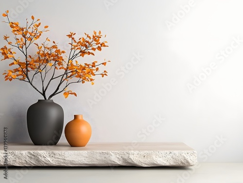 Captivating autumnal still life showcasing a stunning display of vibrant orange foliage and earthy ceramic vases against a neutral minimalist backdrop  The composition creates a warm cozy