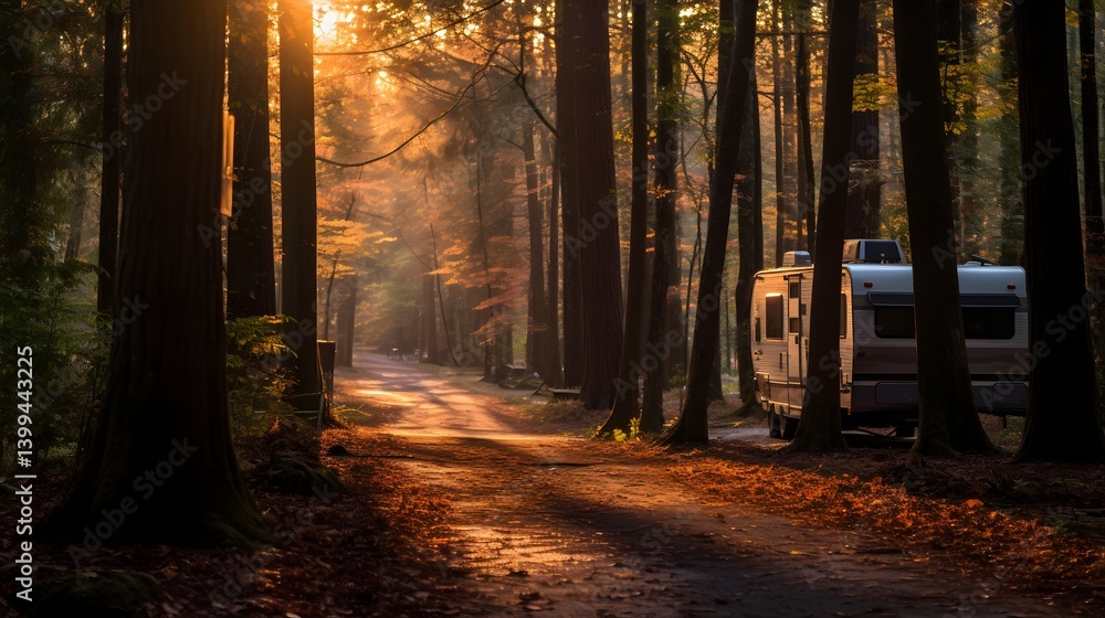 Fototapeta premium Golden Hour Camping Adventure on a Serene Forest Road Scenic Landscape Peaceful Environment Relaxed Viewpoint