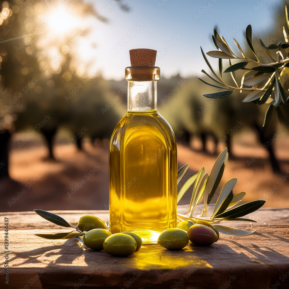 A bottle of olive oil next to some olives in the background of an olive grove