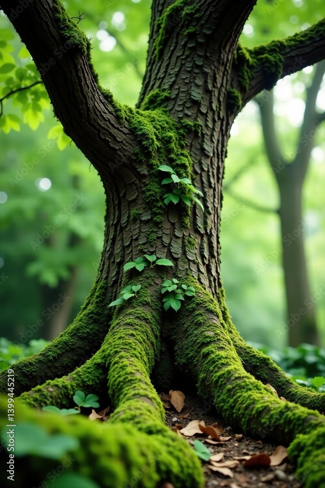Fototapeta premium Ancient tree with moss and lichen growing on its trunk, lichen, greenery