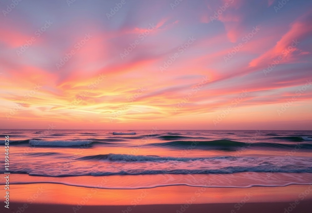 Obraz premium Vibrant orange and pink sunset sky over calm ocean waves on sandy beach, illustration, element